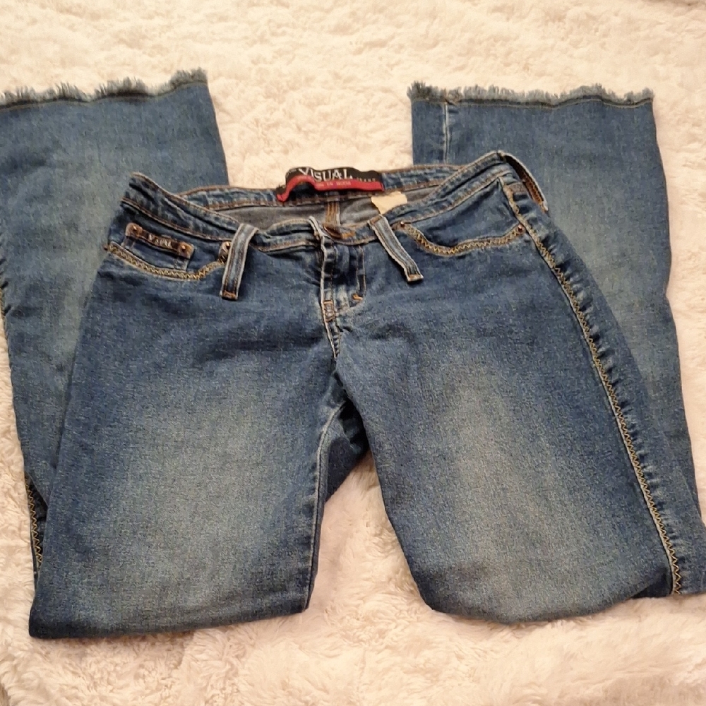 Visual Faded Blue Women's Jeans w/ Frayed Bottoms